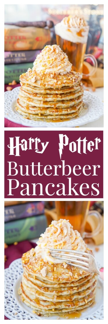 These Harry Potter Butterbeer Pancakes are loaded with caramel, butterscotch, vanilla, and butter flavor and the perfect nerdy start to your day or a great way to kick off The Chosen One’s birthday! via @sugarandsoulco