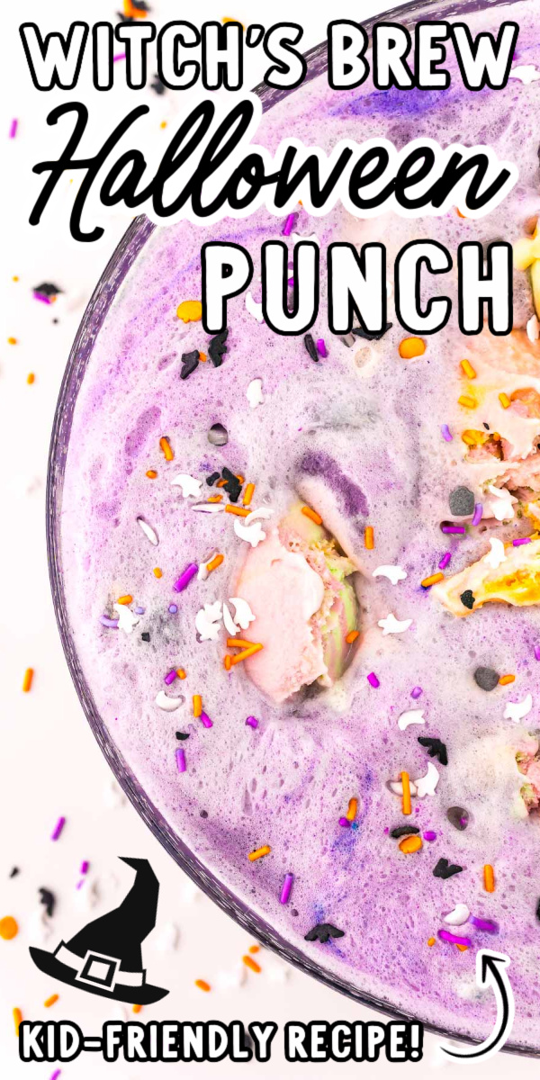 Witches Brew Punch is a 3-ingredient sweet drink that gets covered in rainbow sherbet for a large batch punch both kids and adults will love! Ready in only 5 minutes! via @sugarandsoulco