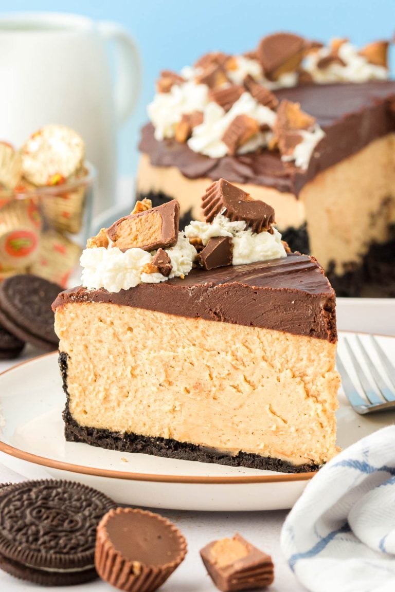 A slice of peanut butter cheesecake on a plate.